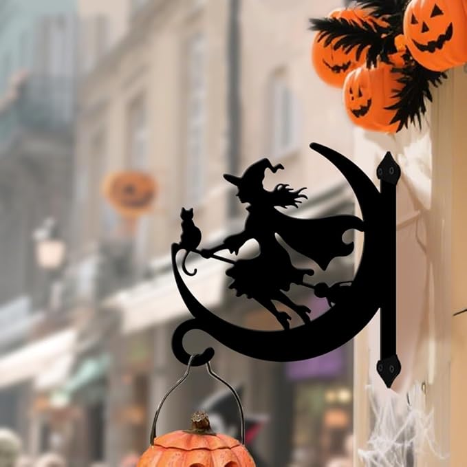 peacoblue Iron Plant Hangers Hooks for Outdoor Indoor Hanging Plants Flower Fern Pots Lantern Bird Feeder,11.6"x13.6" Weather Resistant Metal Wall Holder for Porch Garden Farmhouse(Witch and Cat)