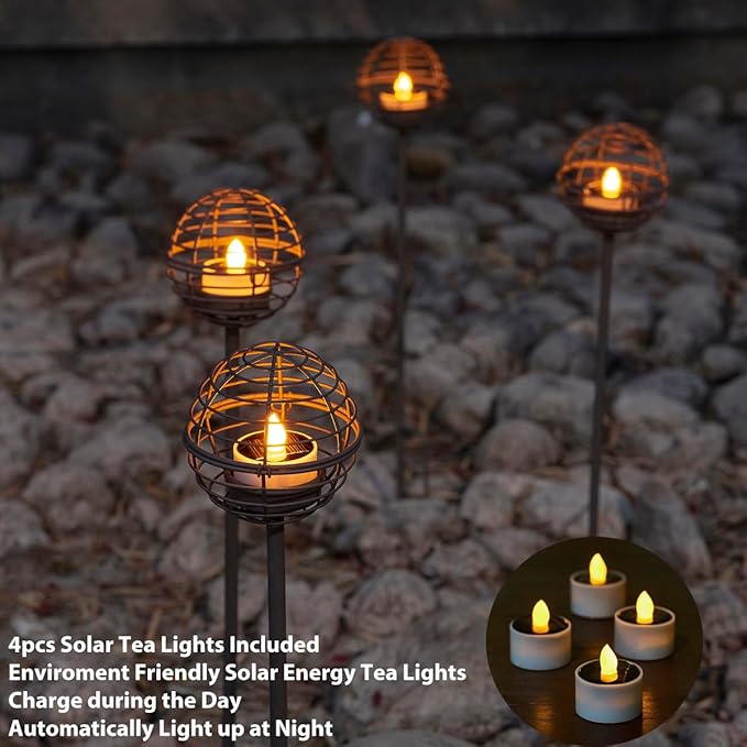 Solar Pathway Lights Outdoor, Rust Iron Ball Candle Holder Stake with Flickering Solar Powered Tea Lights, Perfect Decorative Garden Lighting for Yard Lawn Patio Landscape Decor Outside-4Pack