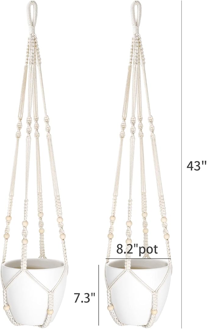 Mkono 43 Inch Macrame Plant Hanger Large for up to 12 Inch Pot Extra Long Hanging Plant Holder No Tassels Hanging Planter Basket with Wood Beads for Indoor Outdoor Boho Home Decor, Ivory, Set of 2