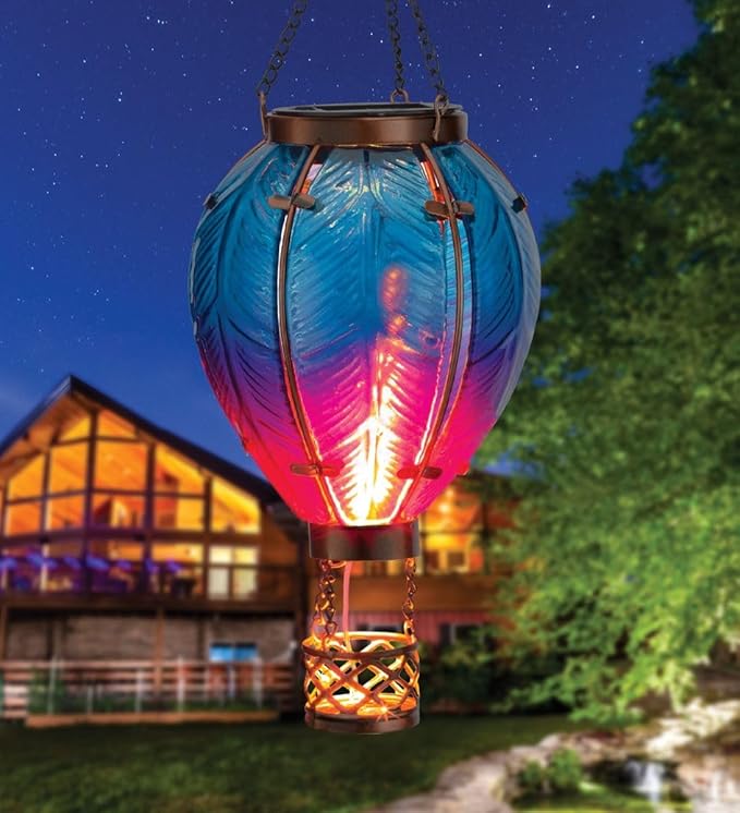 Regal Art & Gift Hot Air Balloon Solar Lantern – Hanging Solar-Powered LED Lights, Waterproof Portable Decorative Outdoor Lamp Made of Metal & Glass for Garden, Patios & Pathway – Blue (Small)