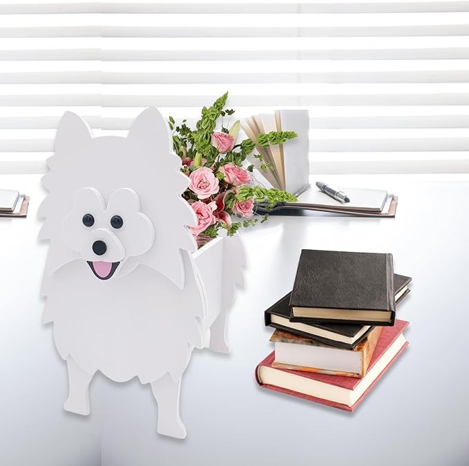 White Pomeranian Dog Planter Plant Pots,Cute Garden Dog Flower Planter,Dog Planters Birthday Gifts for Women,Office,Indoor/Outdoor Decor（9.45 * 6.65 * 12.13in）