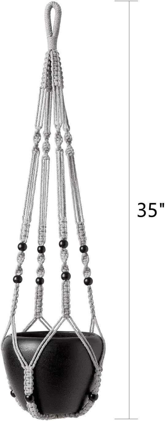 Mkono Macrame Plant Hanger Indoor Hanging Planter Basket with Wood Beads Decorative Flower Pot Holder No Tassels for Indoor Outdoor Boho Home Decor 35 Inch, Grey, Set of 1 (POTS NOT Included)