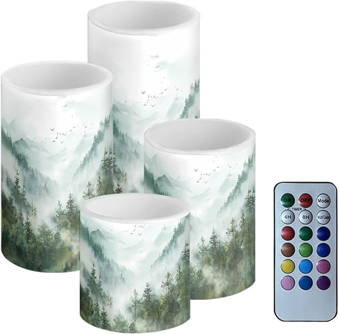 LED Flameless Candles Set Battery Operated Candles Pack of 4 with Remote Control Timer Dancing Flame Pillar Candles for Indoor Home Desktop Decoration, Mountain Tree Green