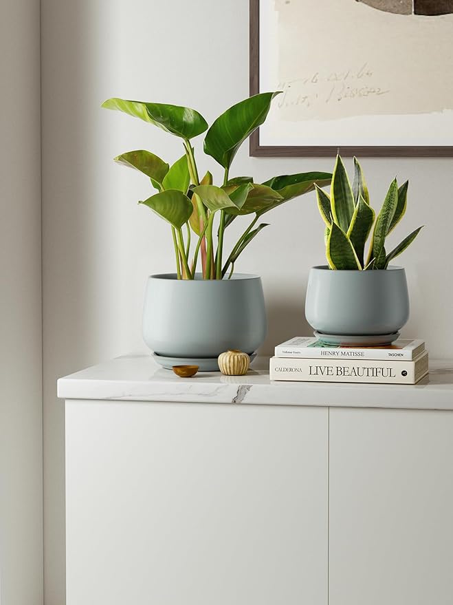 LE TAUCI Plant Pots for Indoor Plants, 4.1+5.1+6.5 inch, Set of 3, Ceramic Planters with Drainage Hole and Saucer, Indoor Flower Pot with Hole Mesh Pad, Gifts for Mom, Reactive Glaze Blue Gray