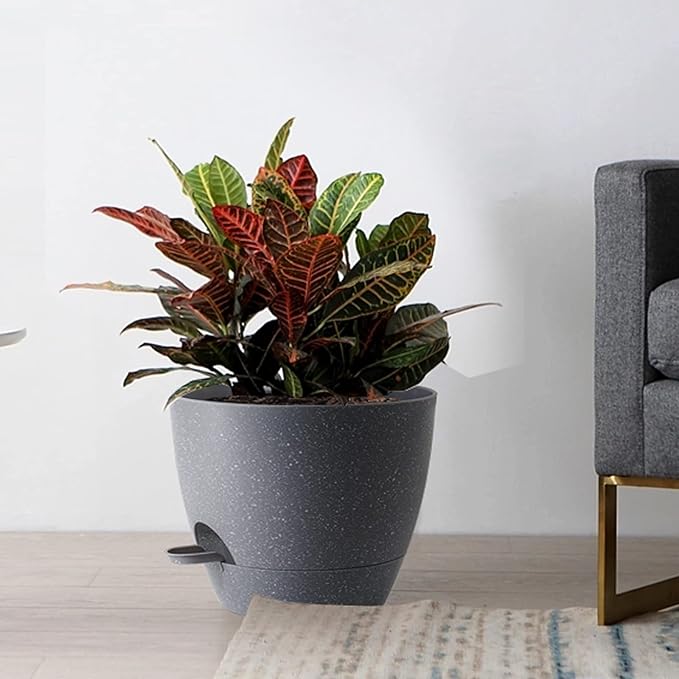 Large Self Watering Pots, 12/10/9 Plastic Planters with High Drainage Holes and Deep Reservoir for Indoor Outdoor Garden Plants and Flowers, Grey Speckles