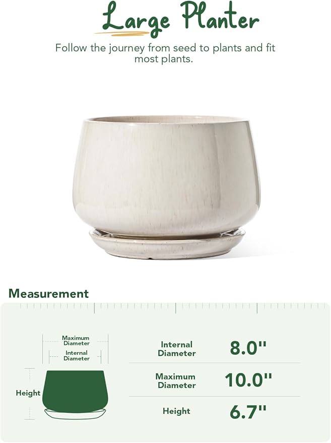 LE TAUCI Ceramic Planters, 10 Inch Pots for Plants, Indoor Plant Pots with Drainage Holes and Saucers, Modern Planters Fit Mid Century Plant Stand, Flower Pots for Indoor Plants, Reactive Glaze Beige