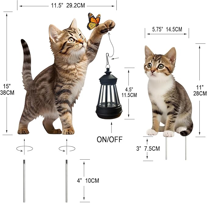 Set of 2 Realistic Cats Metal Stakes Solar Lantern Decoration, Cute Cats Stakes with Solar Lantern for Yard, Outdoor Garden Lawn Pathway Patio Ornaments, HDS-1021