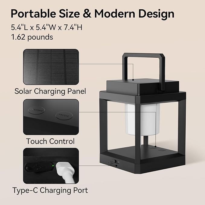 XZAI Solar Lantern Outdoor LED Table Lamp – Rechargeable, Waterproof, Portable, Touch Control for Patio, Camping, Power Outages – Decorative Hanging Solar Light for Outdoors