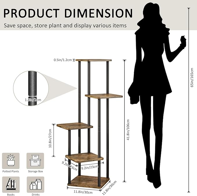 5 Tier Wood Tall Plant Stand Metal Rack Indoor, Multiple Flower Pot Holder Shelves Corner Rack, Planter Shelf Display Rack Storage Organizer for Patio Living Room Balcony Garden(Black)