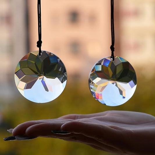 2PCS 5" Circle Crystal Sun Catcher Prisms, STINO Hanging Suncatchers with Glass Prism, Rainbow Maker for Windows, Balcony, Kitchen, Garden Decoration (1, Circle Clear 2Pcs)