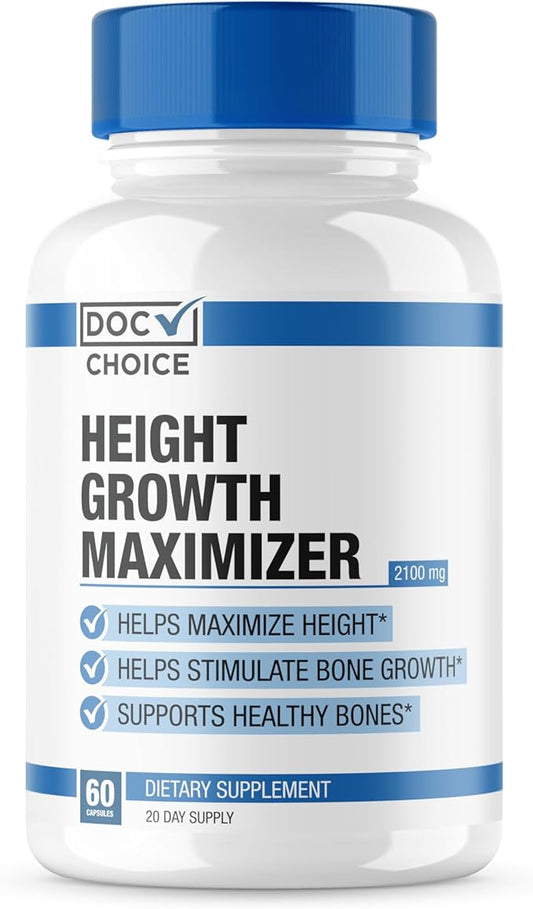 Doc Certfied | Height Growth Supplement | Natural Maximizer to Grow Taller & Initiate Bone Growth for Teens, Kids & Adults | Clinically Tested Ingredients That Work | 8 Powerful Ingredients - 60 Caps
