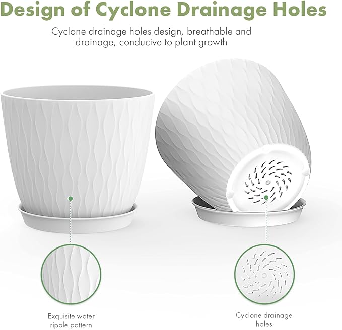 6 inch Plant pots, 12 Pack Modern Plastic Planters with Drainage Holes and Saucers for Repotting Indoor Plants and Flowers, White