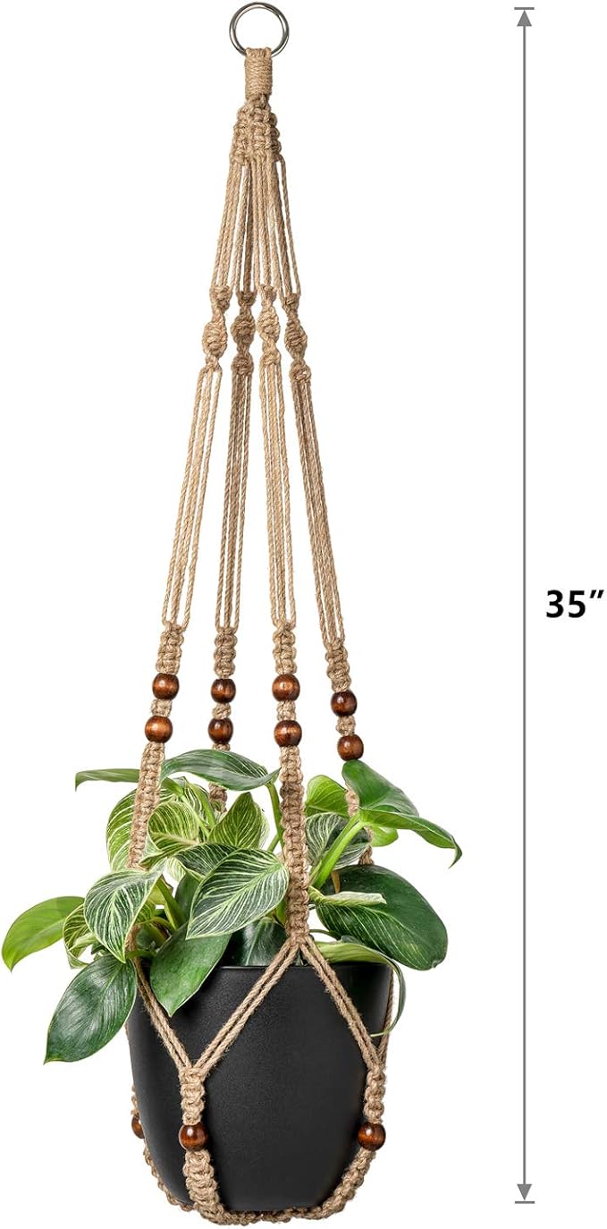 Mkono Macrame Plant Hanger Indoor Jute Hanging Planter Basket with Wood Beads Decorative Flower Pot Holder No Tassels for Indoor Outdoor Boho Home Decor 35 Inch, Brown, Set of 1 (POTS NOT Included)