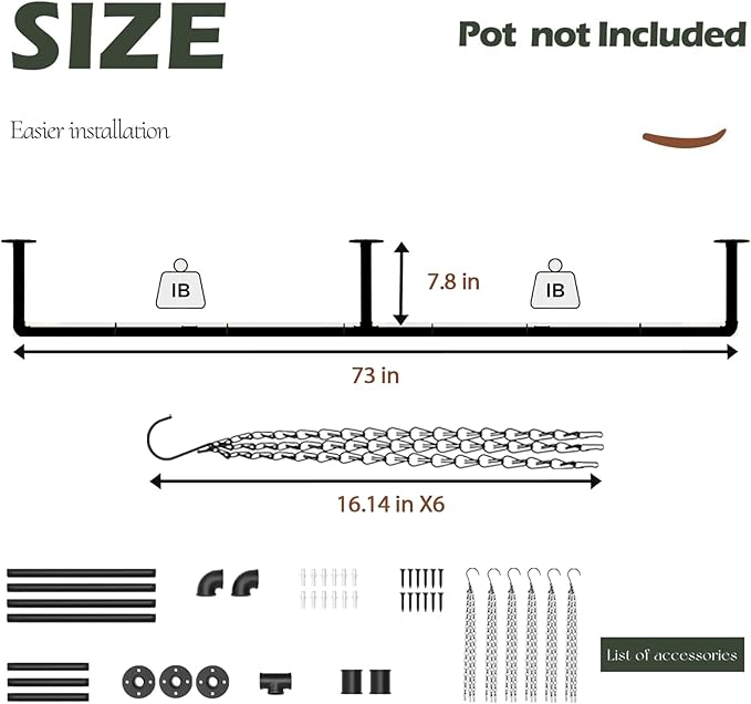 Plant Hanger Indoor with 6 Hanging Chains Hanging Planters for Indoor Plants Hanging Plant Holder Window Plant Rod Black Metal Shelves(73 Inch Pot not Included