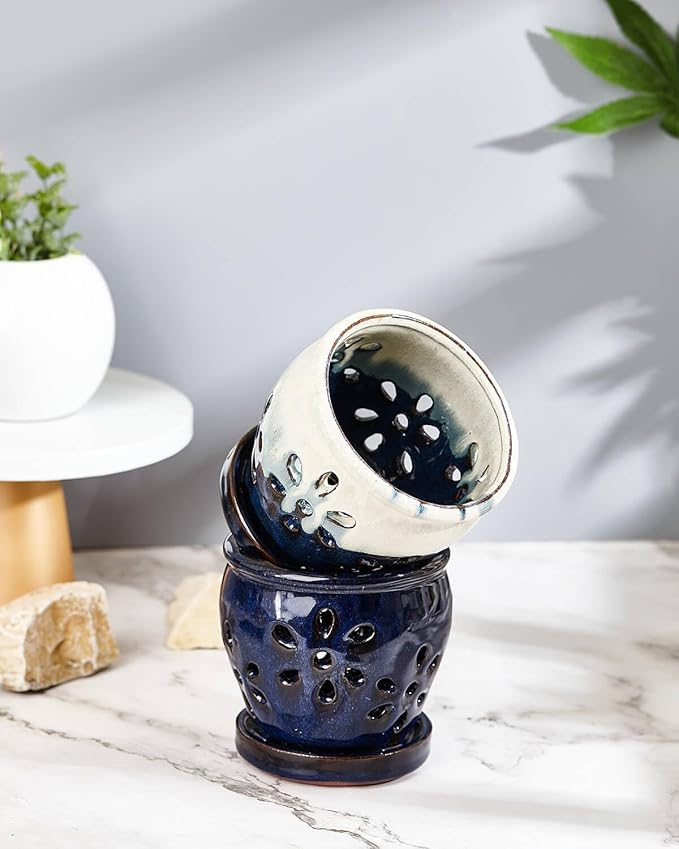 vensovo 4 Inch Ceramic Orchid Pots with Holes and Saucers - 2 Pcs Small Succulent Pot for Repotting, Garden Flowerpots for Plants Indoor and Outdoor Promotes Air Circulation (Blue, Blue Mixed)