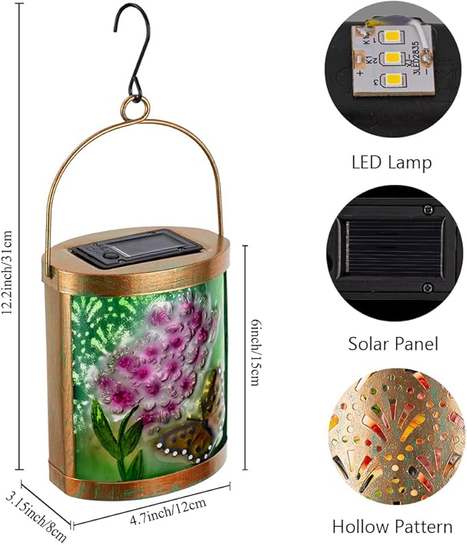 Starsoul 2 Pack Hanging Solar Lantern Outdoor Waterproof Glass Butterfly and Flowers Decorative Solar Lights for Outside Garden Yard Table Patio Decor