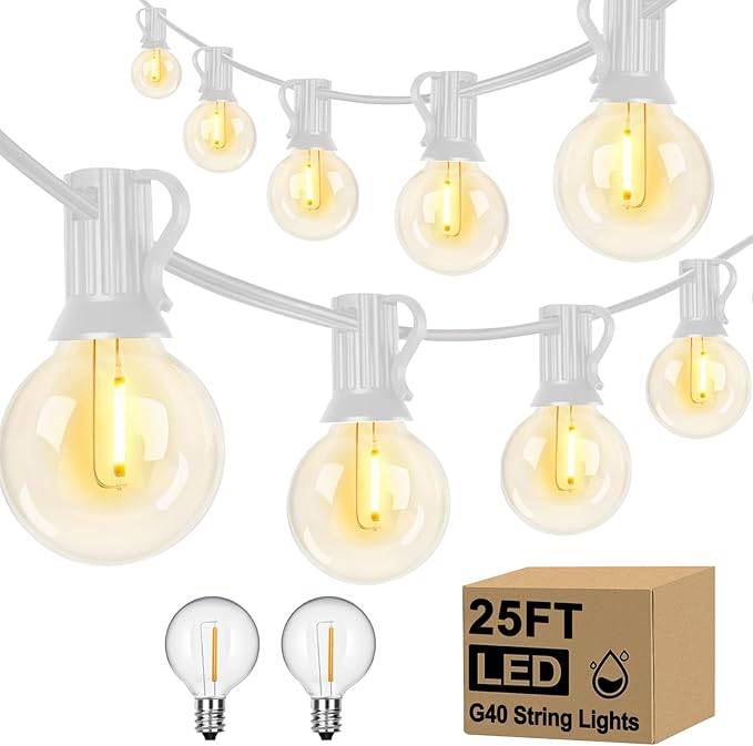 25Ft LED String Lights Outdoor, G40 Globe Patio Lights with 27 Shatterproof LED Bulbs, Waterproof Dimmable Hanging Light for Patio Wedding Bistro Party Yard Decor, E12 Socket Base, White Wire