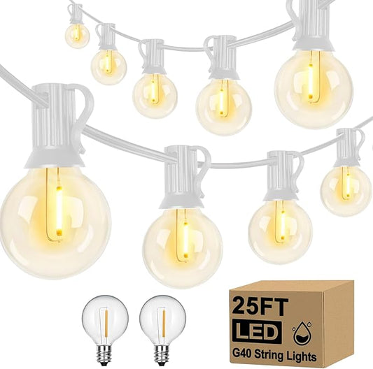 25Ft LED String Lights Outdoor, G40 Globe Patio Lights with 27 Shatterproof LED Bulbs, Waterproof Dimmable Hanging Light for Patio Wedding Bistro Party Yard Decor, E12 Socket Base, White Wire