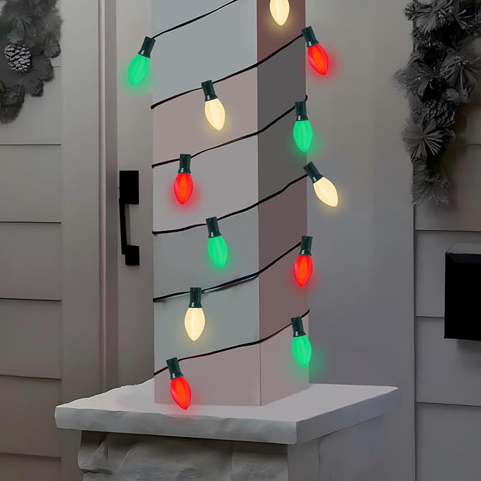 C7 LED Red White and Green Christmas Lights, 25Ft Outdoor Christmas String Lights with 27 LED Multicolor Plastic Bulbs, Vintage Christmas Lighst for Outside Patio Backyard Tree Cafe Party House Decor