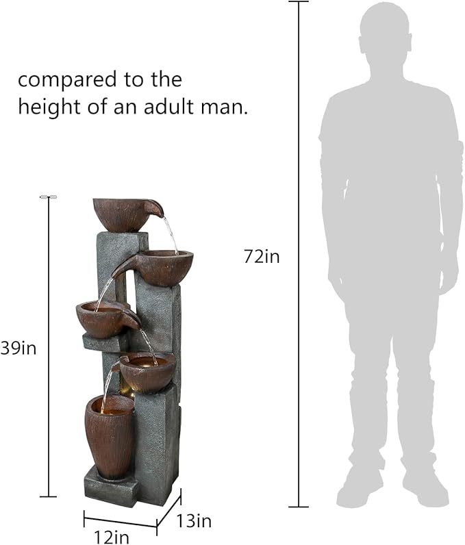 Naturefalls 39” H Modern Outdoor Fountain - 5 Crocks Outdoor Garden Fountains with Contemporary Design&LED Light for Garden, Patio, Deck, Porch, Backyard and Home Art Decor