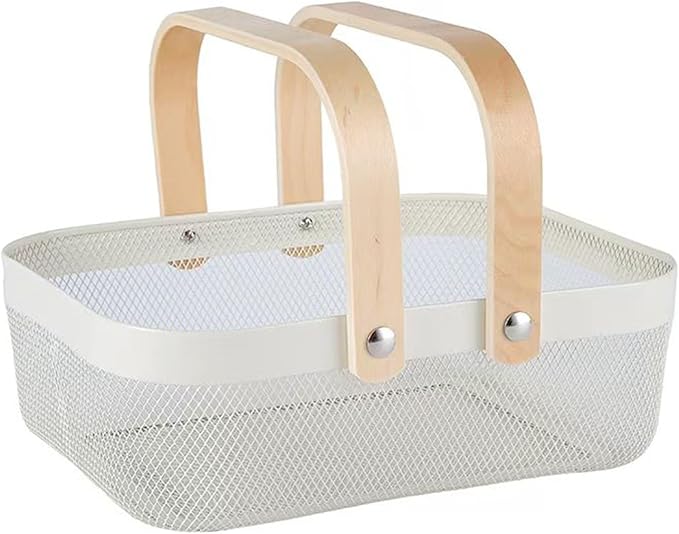 Metal Mesh Steel Basket, Storage Organizer Basket Garden Harvest Basket Multi-functional Kitchen Fruit Baskets Bin with Wooden Handle for Bathroom Picnic Shopping Decor Cabinet Home, White