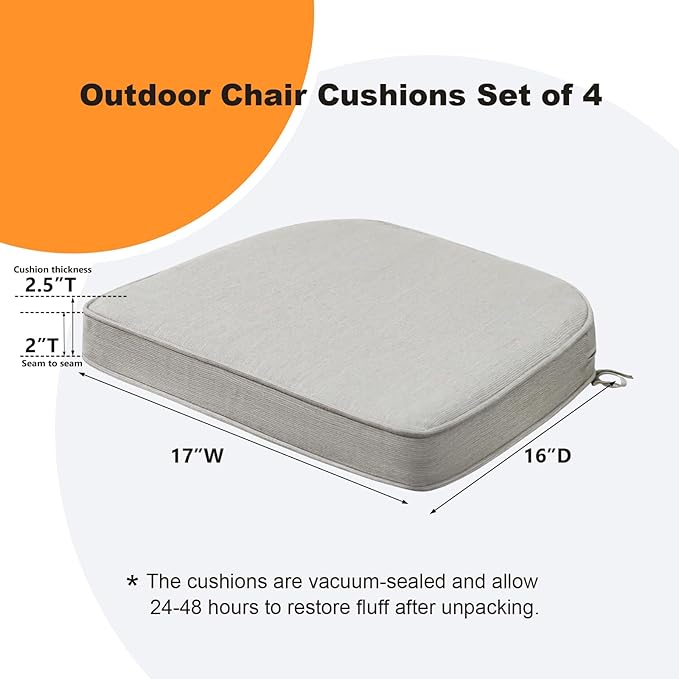 Sunbrella Round Corner Seat Cushions, 17" x 16" x 2", Set of 4, Indoor Outdoor Water Repellent Universal Chair Pads with Ties for Patio Furniture, Garden Dining Chairs, Specrtum Pebble