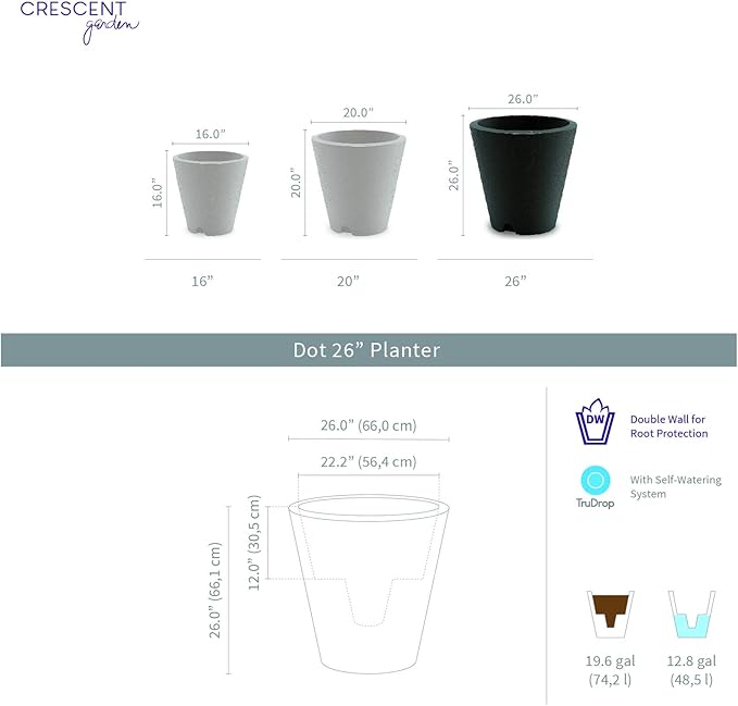 Crescent Garden Dot TruDrop Indoor/Outdoor Planter, Self-Watering Plant Pot, 26 Inches, (Caviar Black)