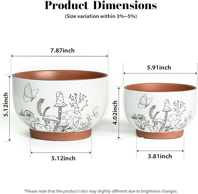 YBX 8 Inch & 6 Inch Terracotta Pots, Plant Pots Indoor, Flower Pots for Indoor Plants with Drainage, Planters with Mushroom Accent for Indoor Plants (Cottage)