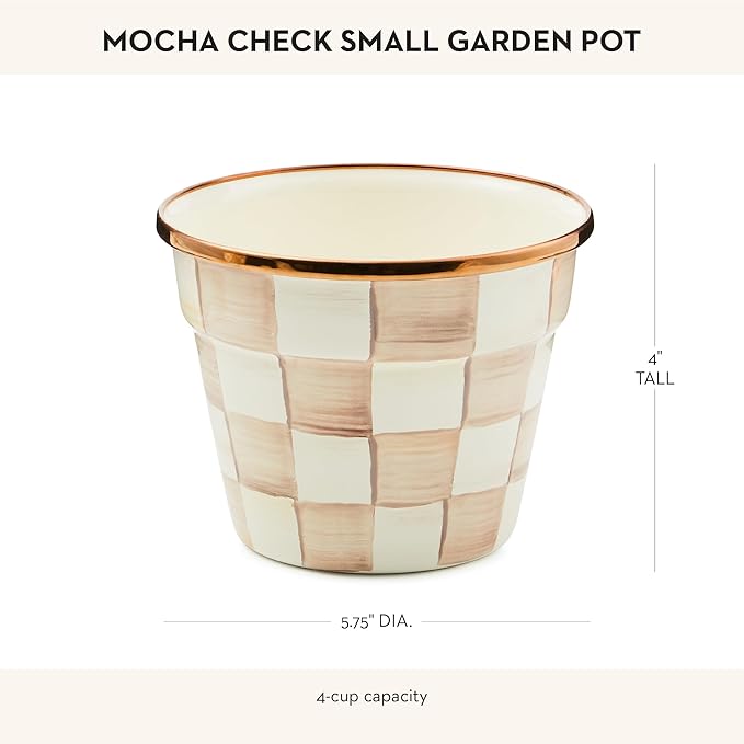 MACKENZIE-CHILDS Enamel Garden Pot, Decorative Pot for Plants, Outdoor Flowerpot Decor, Small, Brown-and-White Mocha Check