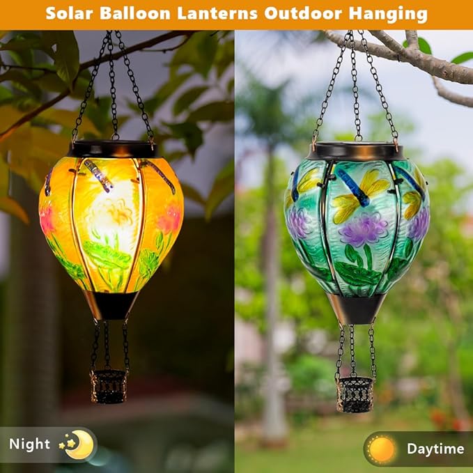 Starsoul Starsoul Dragonfly Hot Air Balloon Solar Lantern Glass Outdoor Hanging Hot Air Balloon Solar Flickering Flame Light Waterproof Garden Patio Yard Party Decorations