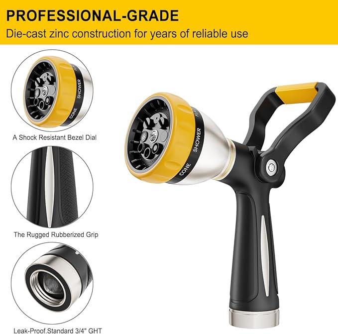 FANHAO Heavy Duty Fireman's Hose Nozzle, Metal Water Nozzle with 8 Spray Patterns, High Pressure Garden Hose Sprayer with Lever Control and Non-Slip Grip to Water Plants & Lawns, Wash Cars & Clean