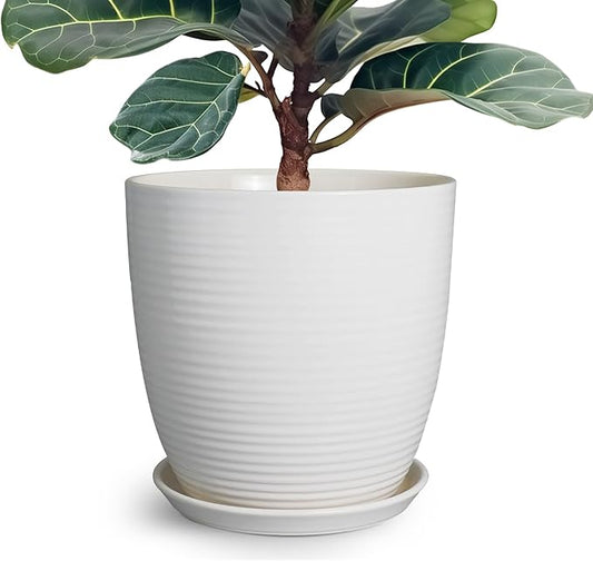 12 Inch Ceramic Planter Pot, Large Planter Pot with Drainage Hole and Saucer Round Flower Pot for Indoor Outdoor Plants, White