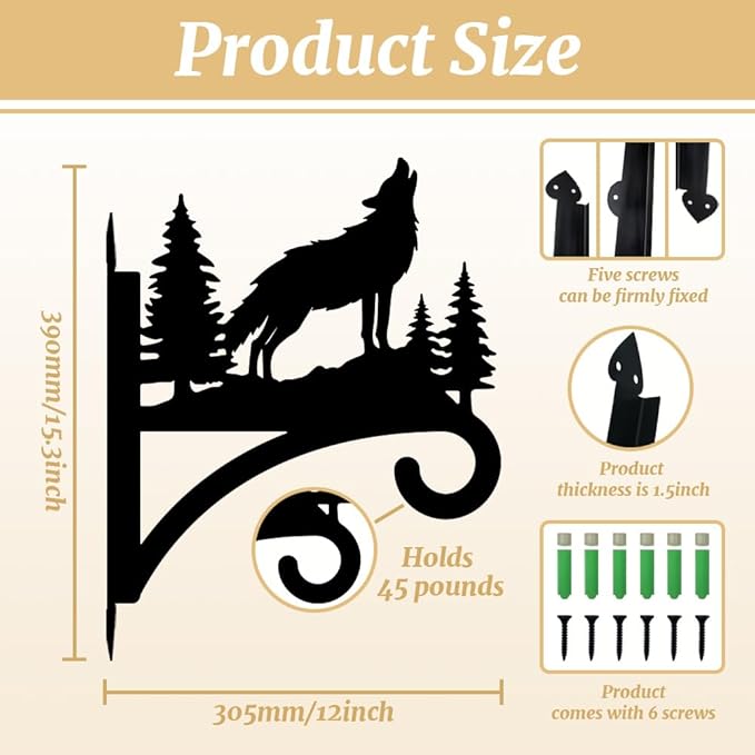 Peacoblue Iron Plant Hangers Hooks for Outdoor Indoor Hanging Plant Flower Fern Pots Lantern Bird Feeder,12"x15" Weather Resistant Metal Wall Holder for Porch Garden Farmhouse(Howling Wolf and Forest)