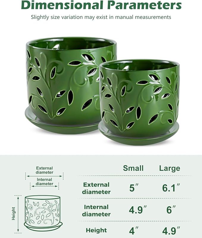 EFISPSS Orchid Pot with Holes, 5+6Inch Ceramic Plant Pots with Drainage Holes and Tray, Promoting Air Circulation and Drainage, Indoor/Outdoor Flower Pots-Green