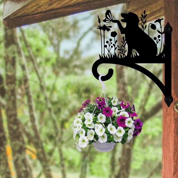 Peacoblue Iron Plant Hangers Holder for Outdoor Indoor Hanging Plants Fern Pots, Lantern, Bird Feeder, Wind Chimes, 12”x14” Dog Weather Resistant Metal Wall Brackets Hooks for Porch, Garden, Home(Dog)