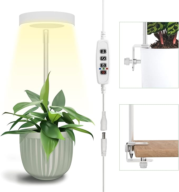 Grow Lights for Indoor Plants, Full Spectrum Plant Lights with Clip, Height Adjustable and 3 Spectrum Modes, 3/9/12h Automatic Timer, 10 Dimmable Brightness, Mini Halo Grow Lights for Small Plants
