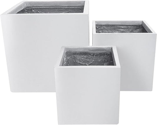 Kante 16",12",10" Square Concrete Planters Set of 3 for Outdoor Indoor Home Patio Garden, Large Plant Pot with Drainage Hole and Rubber Plug, Pure White