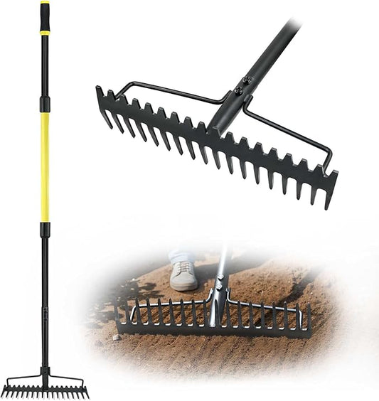 Jardineer Bow Rake Heavy Duty, Long Handle Metal Rakes for Gravel, Rocks, Lawns Leaves, Soil Leveling, Landscaping, Garden Rake with 18 Steel Tines (59 Inches)
