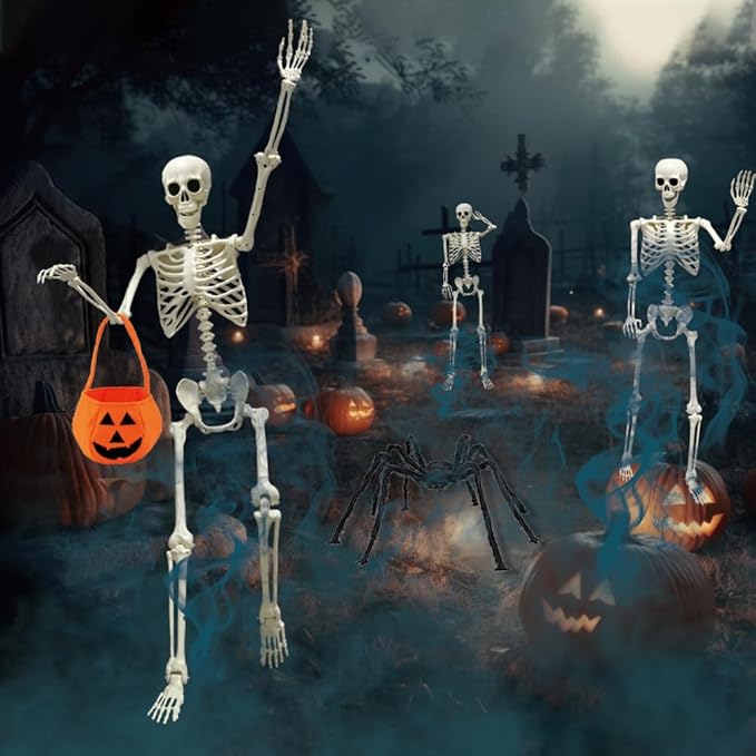 DINESIL 5.4ft/165cm Halloween Skeleton, Halloween Life Size Skeleton with Spider Pumpkin Bag, Full Body Human Bones with Movable Joints for Halloween Indoor Outdoor Haunted House Decorations