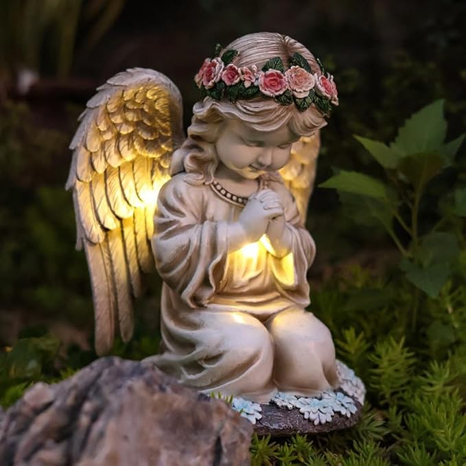 Garden Statues for Outside, 3 LED Solar Praying Angel Figurines Decorative Light, Waterproof Resin Fairy Statue Solar Light for Patio Balcony Yard Lawn Ornament Gifts for Mom (PrayAngel)