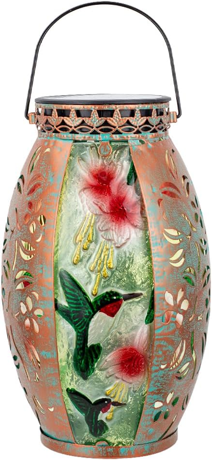 Hummingbird Solar Lanterns Outdoor Waterproof,Stained Glass & Metal Solar Lantern,Hanging Solar Lantern with Hollowed-Out Design,Hummingbird Tabletop Lamp Solar Lights for Yard Garden Patio