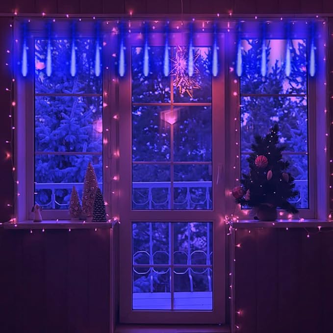 Christmas Lights, 16 Inch/40cm Meteor Shower Lights, Xmas Decorations for Outside Yard Party, LED Icicle Christmas Light Outdoor for Tree Porch House Holiday, UL Plug, Blue