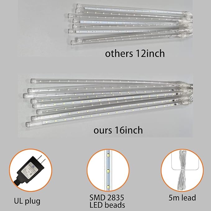 Christmas Lights Outdoor, Meteor Shower Lights Falling Star Lights 16 inch 8 Tubes 256 LED Icicle Snow Falling Lights Raindrop Lights for Xmas Tree Holiday Party Decoration, UL Plug, Warm White