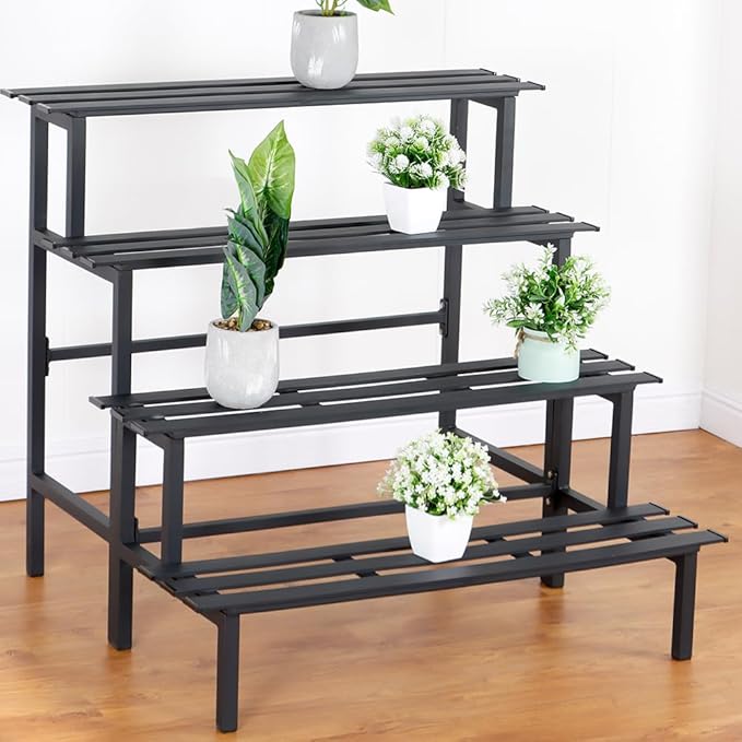 Aluminum Plant Stand - Indoor & Outdoor Ladder Display Shelf for Plants - Sturdy Space-Saving Utility Organizer for Patio, Balcony & Garden (4-Tier)