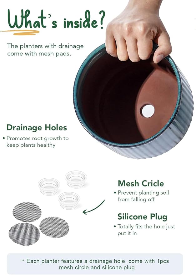 LE TAUCI Ceramic Pots for Plants, 8+6.7+5.5 Inch Plant Pots Indoor, Flower Pot with Drainage Holes, Medium Cylinder Planters for Indoor House Plants, Set of 3, Blue