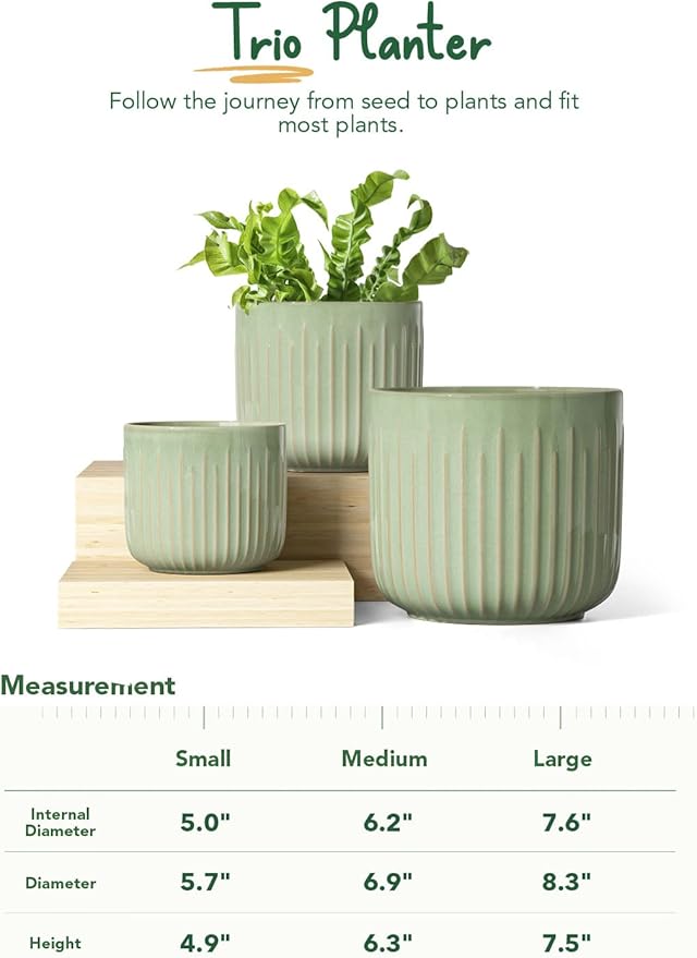 LE TAUCI Ceramic Planters, 8.3+6.9+5.7 Inch Plant Pots for Indoor Plants, Set of 3 Flower Pot with Drainage Holes, Large Round Planters Pot for Indoor House Plants, Reactive Glaze Sage Green