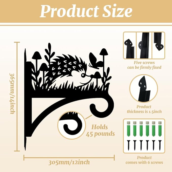 peacoblue Iron Plant Hangers Hooks for Outdoor Indoor Hanging Plants Flower Fern Pots Lantern Bird Feeder Wind Chimes, 12”x14” Weather Resistant Metal Wall Holder for Porch Garden Farmhouse(Hedgehog)