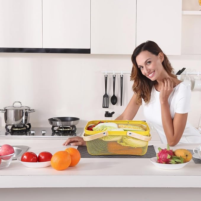 Portable Mesh Harvest Basket - Natural Bamboo Handle Foldable Organizer for Kitchen, Garden & Picnic | Ventilated Storage Bin with Rust-Proof Wire, Space-Saving Farmhouse Decor (Lemon Yellow)