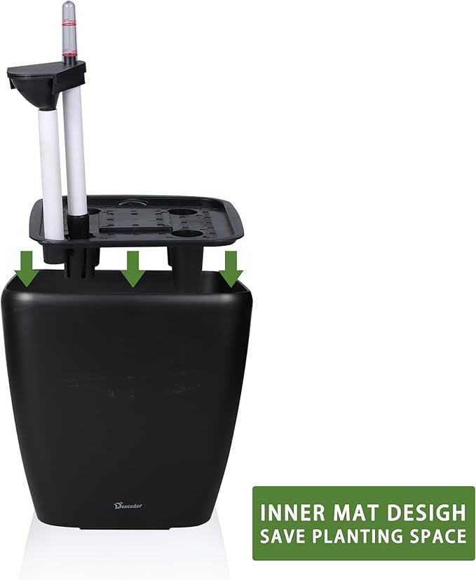 Dexceder 13x12 Self Watering Planter with Wheels Indoor Outdoor, Inner Mat Design, Thickened Large Floor Standing Flower Plant Pot with Water Level Indicator (Black Matte)