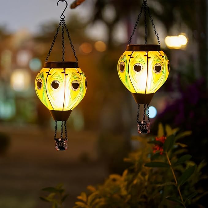 Starsoul 2 PC Peacock Hot Air Balloon Solar Lantern with Flame Glass Outdoor Hanging Hot Air Balloon Solar Light Waterproof Garden Patio Yard Party Decorations